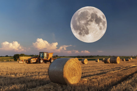 Harvesting wheat with combine harvester and full moonの写真素材