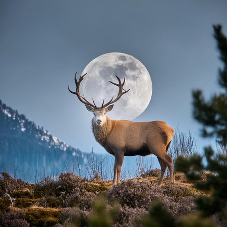 Mule deer stag with big antlers standing in front of full moonの写真素材