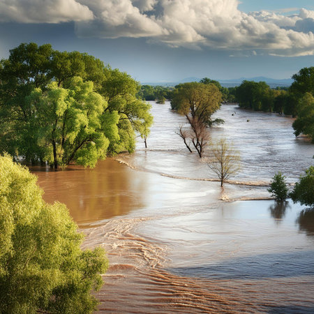 Landscape with river and trees in the flood. The river overflowed its banks.の写真素材