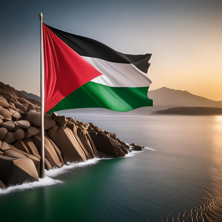 Palestine flag on the rock at sunset, 3d render illustrationの写真素材