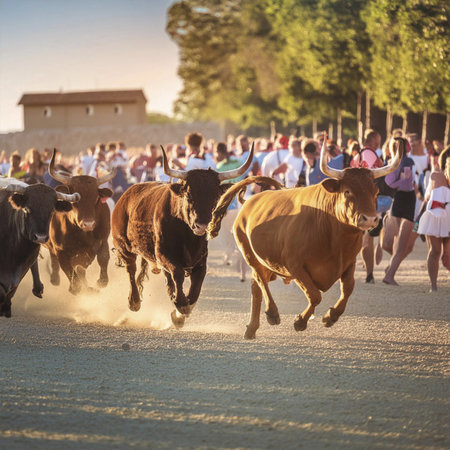 Bulls. Running of bulls in Pamplona, Spain. Bull running in Pamplona is traditional event during San Fermin festival where participants run ahead of charging. 2024.の写真素材