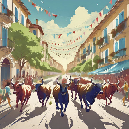 Bulls. Running of bulls in Pamplona, Spain. Bull running in Pamplona is traditional event during San Fermin festival where participants run ahead of charging. 2024.の写真素材