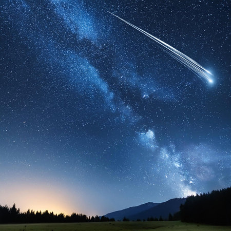 Meteor shower. Delta Aquarids. The Perseids. July 2024. A night sky with meteors shower. Concept of...