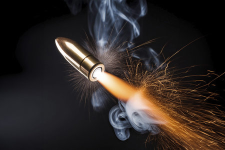 Bullet. Bullets. Shooting. A bullet is shot out of a gun, leaving a trail of smoke and debris in its...
