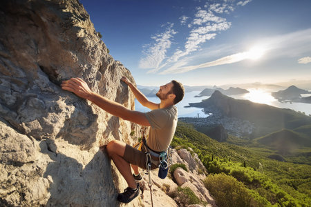Climbing. Person climbing a rocky vertical wall. Beautiful views from the top. A person practicing outdoor rock climbing, promoting strength and adventure. Person climbing a steepの写真素材
