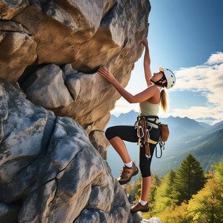 Climbing. Person climbing a rocky vertical wall. Beautiful views from the top. A person practicing outdoor rock climbing, promoting strength and adventure. Person climbing a steepの写真素材