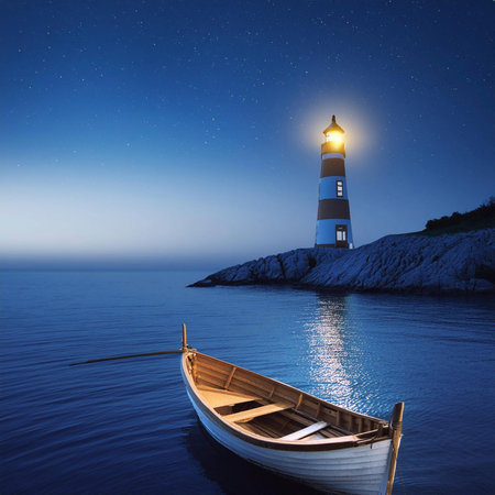 Lighthouse. Lighthouse during an atlantic storm. Lighthouse on a sunny day with blue sky. With a boat. Lighthouse illuminated at night. World Lighthouse Day. 7 August. 2024.の写真素材