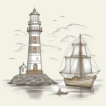 Lighthouse. Lighthouse during an atlantic storm. Lighthouse on a sunny day with blue sky. With a boat. Lighthouse illuminated at night. World Lighthouse Day. 7 August. 2024.の写真素材