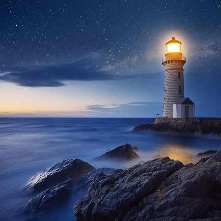 Lighthouse. Lighthouse during an atlantic storm. Lighthouse on a sunny day with blue sky. With a boat. Lighthouse illuminated at night. World Lighthouse Day. 7 August. 2024.の写真素材