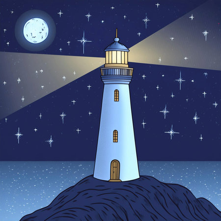 Lighthouse. Lighthouse during an atlantic storm. Lighthouse on a sunny day with blue sky. With a boat. Lighthouse illuminated at night. World Lighthouse Day. 7 August. 2024.の写真素材