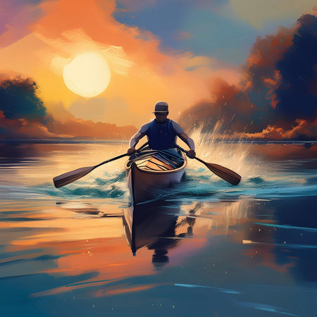 Man rowing a kayak on the lake at sunset. 3d illustration
