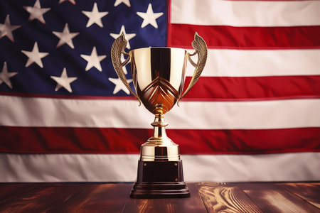 Trophy cup on table with american flag in background. 3d illustrationの写真素材