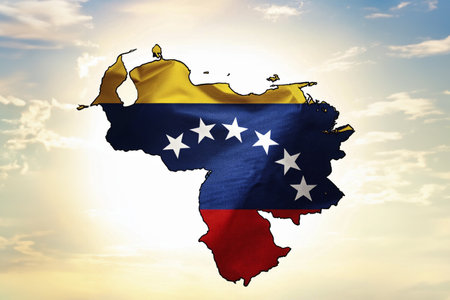 Venezuela flag in the sunset sky background. 3D illustration.の写真素材