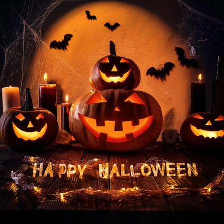 Halloween. Halloween 2024. Halloween party card. Pumpkins and zombies in a graveyard with a wooden board. Image full of pumpkins for decorating, gifting and adorning. Space for texの写真素材