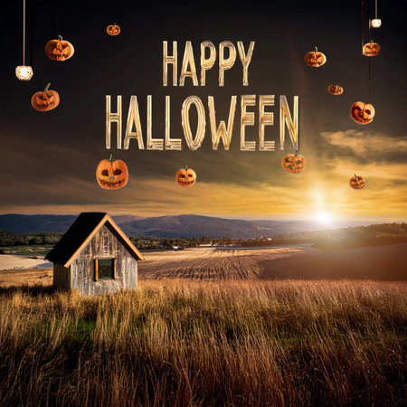 Halloween. Halloween 2024. Halloween party card. Pumpkins and zombies in a graveyard with a wooden board. Image full of pumpkins for decorating, gifting and adorning. Space for texの写真素材