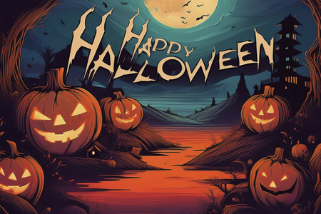 Halloween. Halloween 2024. Halloween party card. Pumpkins and zombies in a graveyard with a wooden board. Image full of pumpkins for decorating, gifting and adorning. Space for texの写真素材
