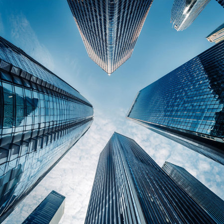 low angle view of modern skyscrapers in hongkongの写真素材