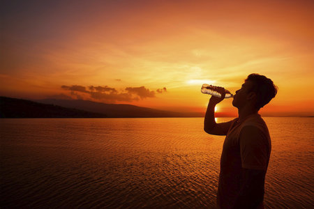 Heat wave. Silhouette man is drinking water bottle on hot weather background with summer season. High temperature and heat wave concept. Drink.の写真素材