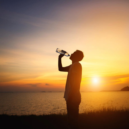 Heat wave. Silhouette man is drinking water bottle on hot weather background with summer season....