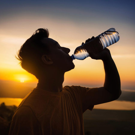 Heat wave. Silhouette man is drinking water bottle on hot weather background with summer season. High temperature and heat wave concept. Drink.の写真素材