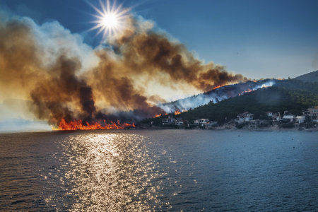 Forest fire. Greece. Forest fire in Greece. Varnavas. Megara. Greek. Forest fire. Forest fire in progress. Fire. Large flames. Two large fires outside Athens force thousands of peoの写真素材