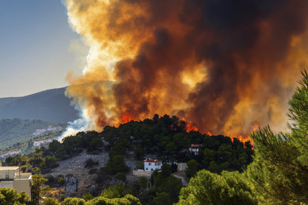Forest fire. Greece. Forest fire in Greece. Varnavas. Megara. Greek. Forest fire. Forest fire in progress. Fire. Large flames. Two large fires outside Athens force thousands of peoの写真素材
