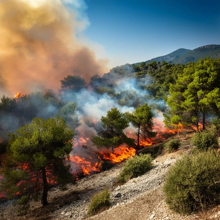 Forest fire. Greece. Forest fire in Greece. Varnavas. Megara. Greek. Forest fire. Forest fire in progress. Fire. Large flames. Two large fires outside Athens force thousands of peoの写真素材