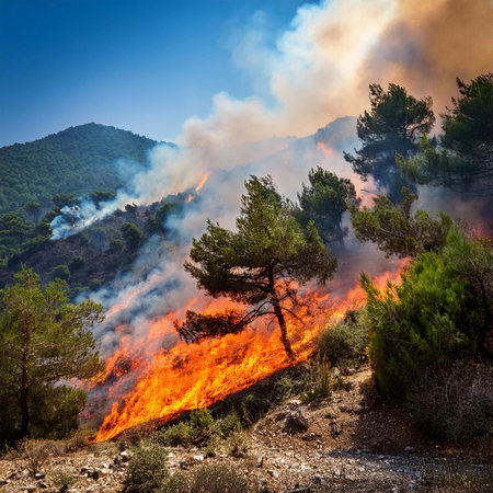Forest fire. Greece. Forest fire in Greece. Varnavas. Megara. Greek. Forest fire. Forest fire in progress. Fire. Large flames. Two large fires outside Athens force thousands of peoの写真素材