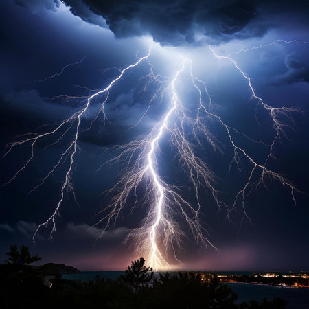Lightning. Lightning strike. Spectacular night view of a lightning bolt streaking across the dark blue sky. Lightning and thunder and flashes. Clouds and silhouettes of treesの写真素材