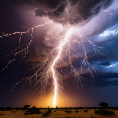 Lightning. Lightning strike. Spectacular night view of a lightning bolt streaking across the dark blue sky. Lightning and thunder and flashes. Clouds and silhouettes of treesの写真素材
