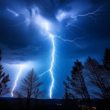 Lightning. Lightning strike. Spectacular night view of a lightning bolt streaking across the dark blue sky. Lightning and thunder and flashes. Clouds and silhouettes of treesの写真素材