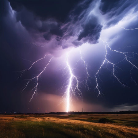 Lightning. Lightning strike. Spectacular night view of a lightning bolt streaking across the dark blue sky. Lightning and thunder and flashes. Clouds and silhouettes of treesの写真素材