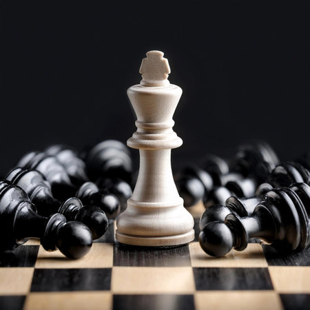 Chess. Chessboard. Dramatic chess war scene with explosions and debris. Empty space with chess...