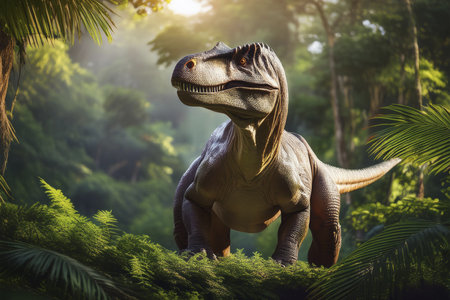 Dinosaur. Dinosaurs in the jungle. View of an ominous T-Rex dinosaur figurine isolated against a clean white background. Monstrous animal with sharp teeth. Tyrannosaurus Rex in Junの写真素材