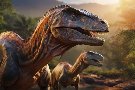 Dinosaur. Dinosaurs in the jungle. View of an ominous T-Rex dinosaur figurine isolated against a clean white background. Monstrous animal with sharp teeth. Tyrannosaurus Rex in Junの写真素材