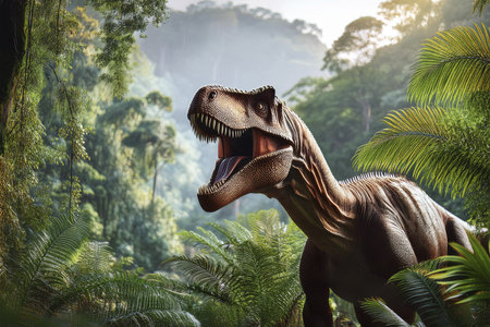 Dinosaur. Dinosaurs in the jungle. View of an ominous T-Rex dinosaur figurine isolated against a clean white background. Monstrous animal with sharp teeth. Tyrannosaurus Rex in Junの写真素材