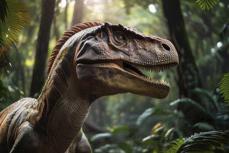 Dinosaur. Dinosaurs in the jungle. View of an ominous T-Rex dinosaur figurine isolated against a clean white background. Monstrous animal with sharp teeth. Tyrannosaurus Rex in Junの写真素材