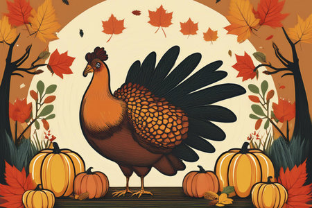 Thanksgiving. 2024. Thanksgiving Day. Turkey on the table. Themed background with vegetables. Halloween Background with Pumpkins. 28 November. Happy thanksgiving day background withの写真素材