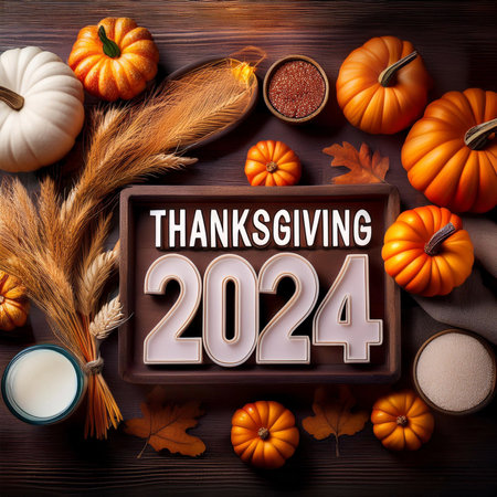 Thanksgiving. 2024. Thanksgiving Day. Turkey on the table. Themed background with vegetables. Halloween Background with Pumpkins. 28 November. Happy thanksgiving day background withの写真素材