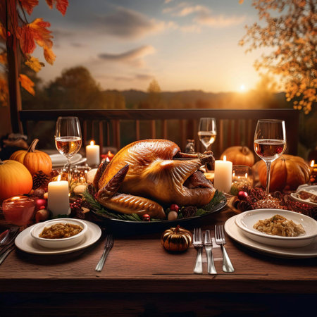 Thanksgiving. 2024. Thanksgiving Day. Turkey on the table. Themed background with vegetables. Halloween Background with Pumpkins. 28 November. Happy thanksgiving day background withの写真素材