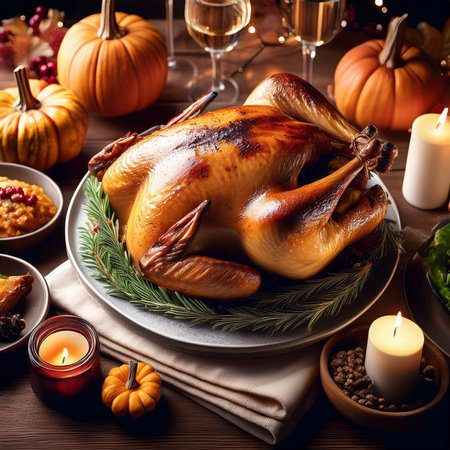 Thanksgiving. 2024. Thanksgiving Day. Turkey on the table. Themed background with vegetables. Halloween Background with Pumpkins. 28 November. Happy thanksgiving day background withの写真素材