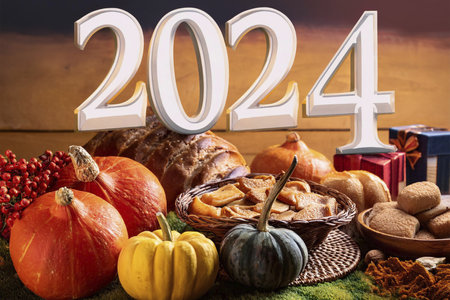 Thanksgiving. 2024. Thanksgiving Day. Turkey on the table. Themed background with vegetables. Halloween Background with Pumpkins. 28 November. Happy thanksgiving day background withの写真素材