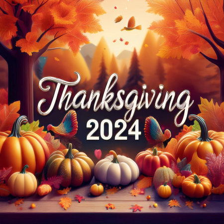 Thanksgiving. 2024. Thanksgiving Day. Turkey on the table. Themed background with vegetables. Halloween Background with Pumpkins. 28 November. Happy thanksgiving day background withの写真素材