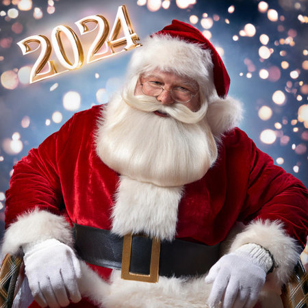 Santa Claus. 2024. Close-up photo of modern, stylish and cool Santa Claus. He is wearing glasses, cap and hat isolated on red background. Christmas background.の写真素材