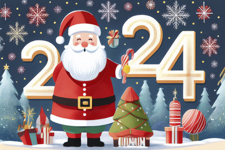 Santa Claus. 2024. Close-up photo of modern, stylish and cool Santa Claus. He is wearing glasses, cap and hat isolated on red background. Christmas background.の写真素材