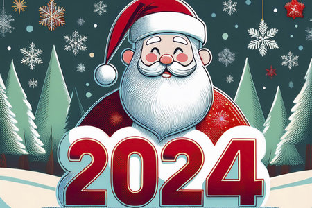 Santa Claus. 2024. Close-up photo of modern, stylish and cool Santa Claus. He is wearing glasses, cap and hat isolated on red background. Christmas background.の写真素材