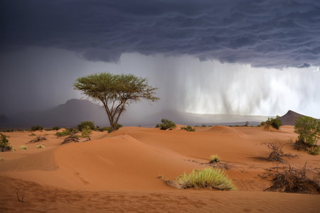 Rain in the desert. Rain in the Sahara Desert. A week of heavy rain is coming in the Sahara Desert. Record high. 2024. Affected countries include Algeria, Mali, Libya and parts ofの写真素材
