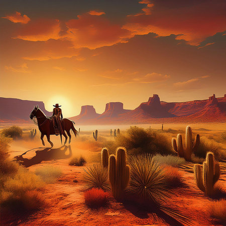 Western. Old Western Town Main Street. Old western town with historic wooden buildings and a serene sunset sky, capturing the timeless charm and nostalgic essence of an old frontieの写真素材