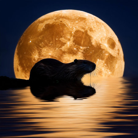 Beaver Moon. Full moon. Beaver full moon. 15 November 2024. Super full moon with dark background. Supermoon. Beaver on the background of the beautiful moon. Silhouette of a beaverの写真素材