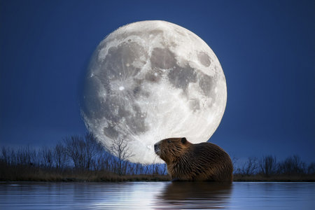 Beaver Moon. Full moon. Beaver full moon. 15 November 2024. Super full moon with dark background. Supermoon. Beaver on the background of the beautiful moon. Silhouette of a beaverの写真素材